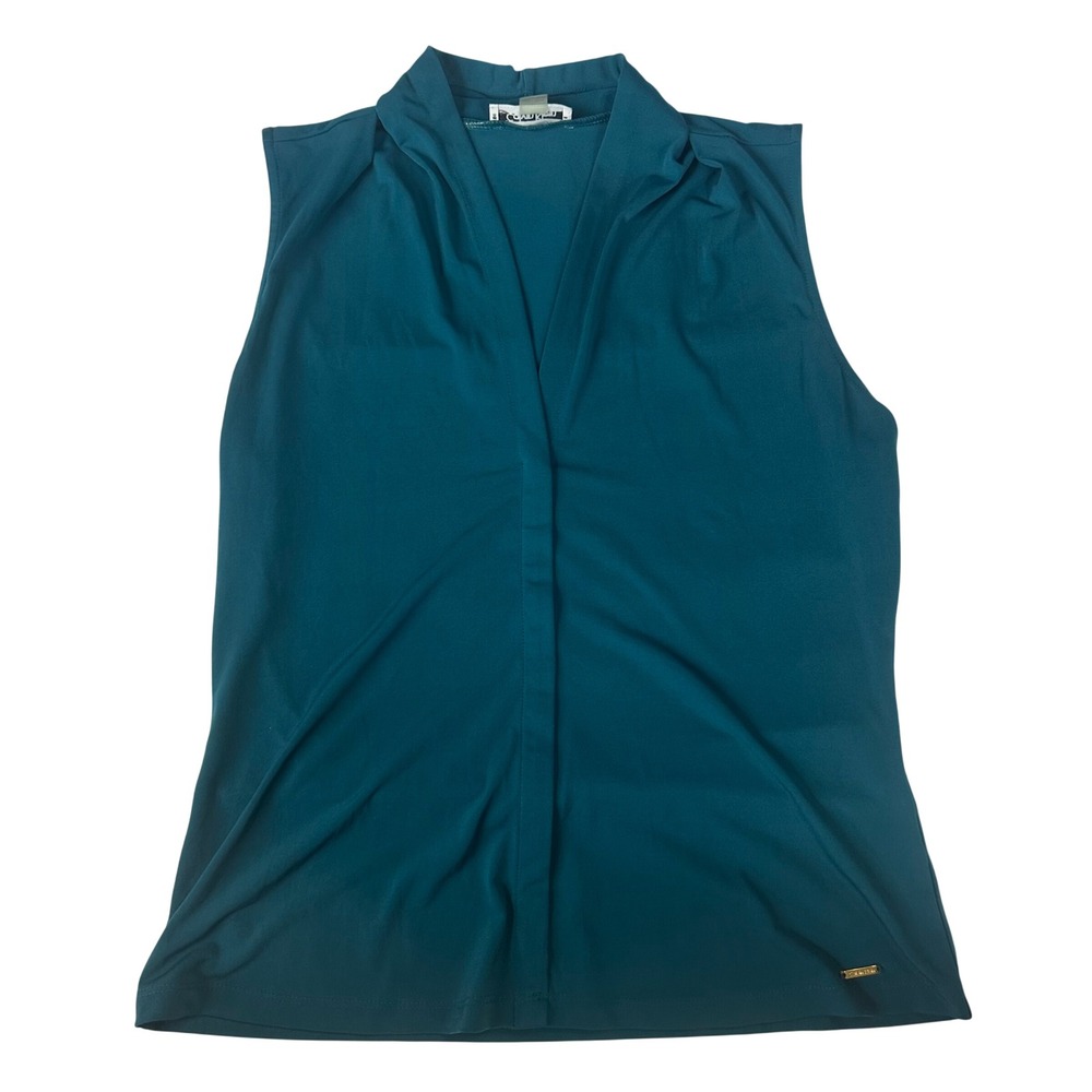 Calvin Klein Teal Blue Sleeveless V-Neck Pleated Front Blouse Medium